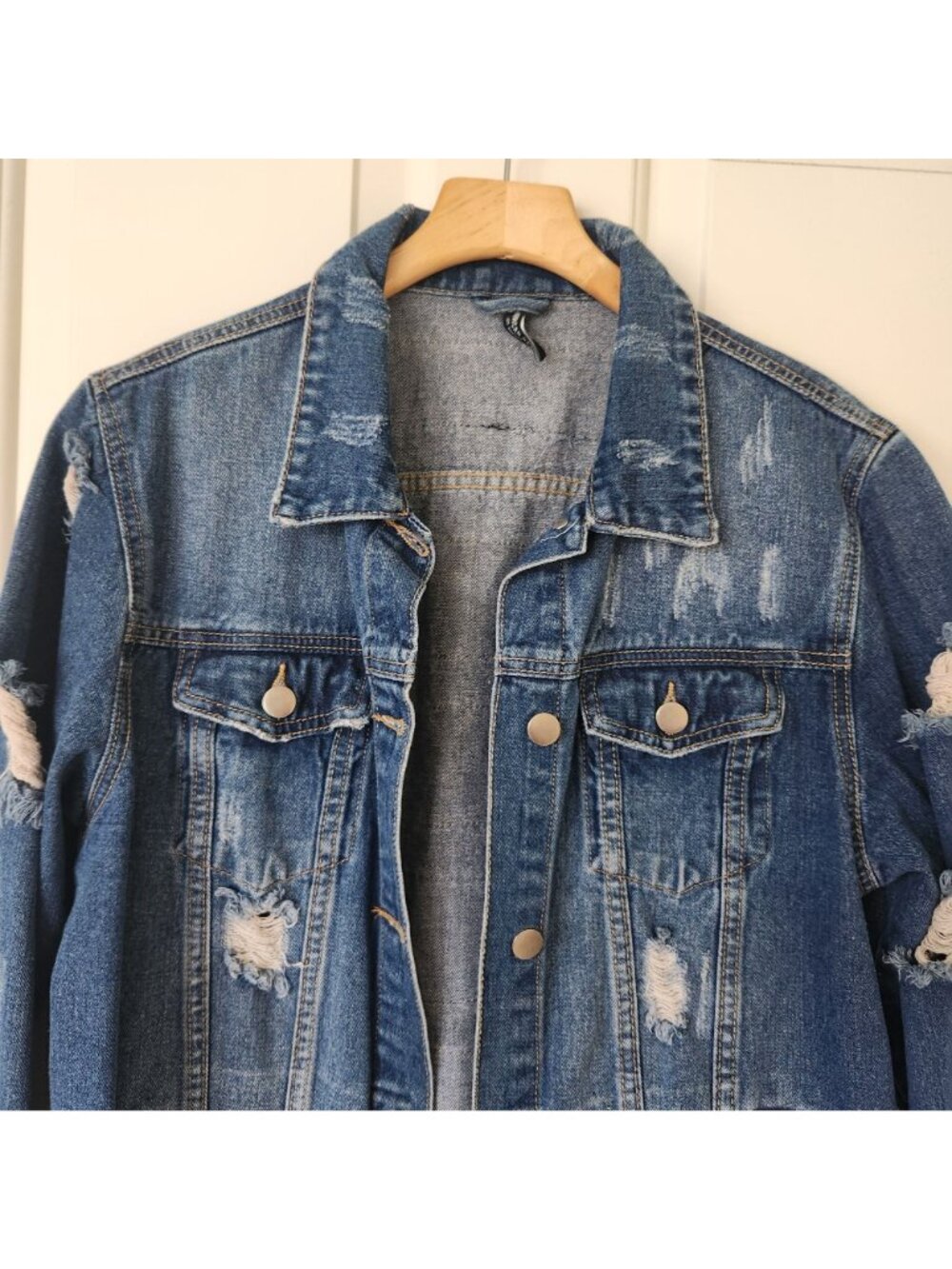 Distressed Denim Jacket Paris New York London Milano Oversized Glam Supermodel - Picture 7 of 13